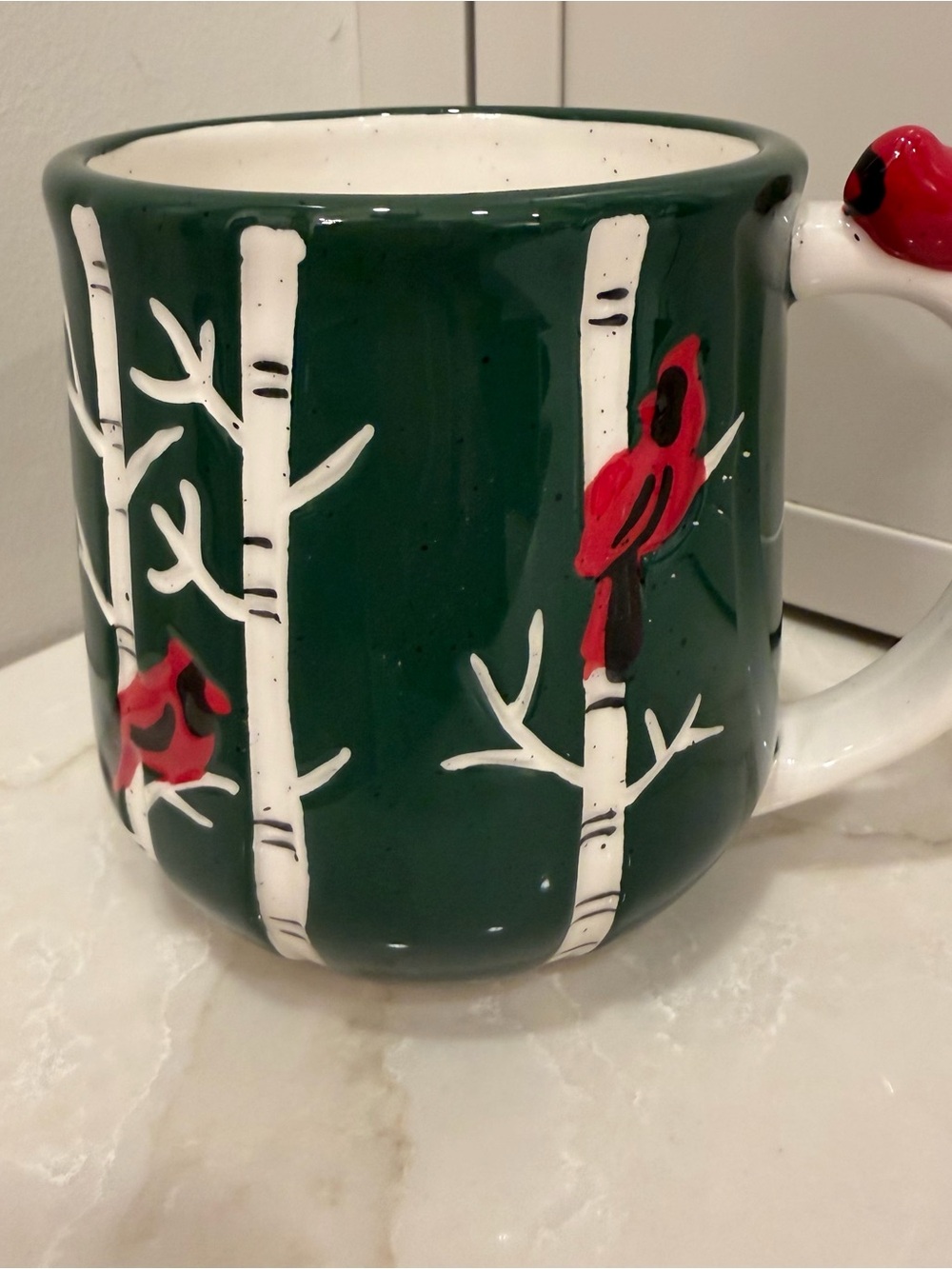 Green Ceramic Mug with Red Cardinal Tree Design